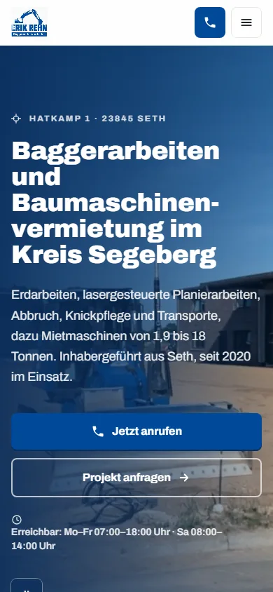Startseite von erik-rehn.de auf dem Handy: Überschrift Baggerarbeiten und Baumaschinenvermietung im Kreis Segeberg